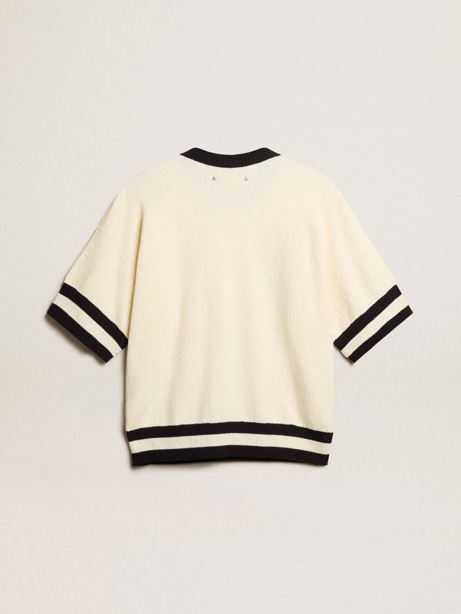Women’s short-sleeved sweater in vintage white with blue rib knit - Image 6