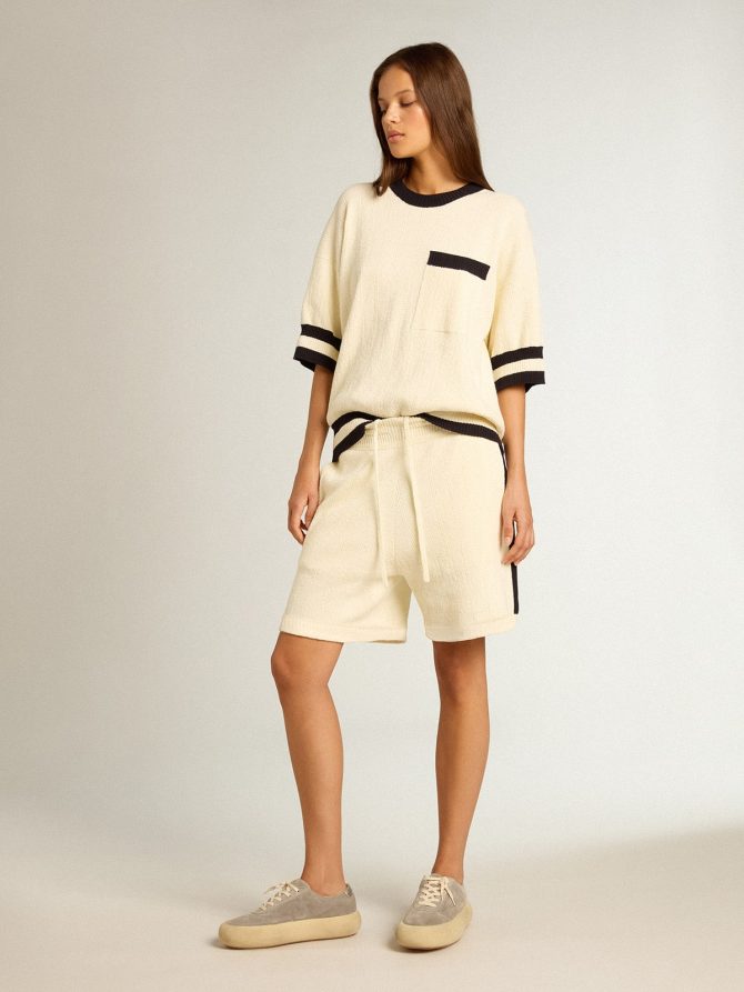 Women’s vintage white shorts with blue rib knit on the sides - Image 3