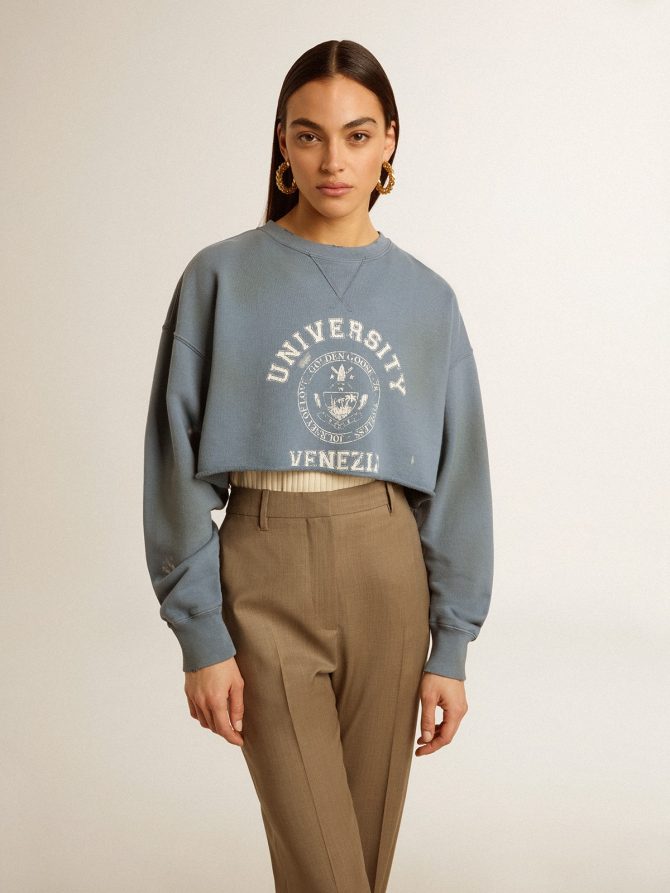 Cropped sweatshirt in baby blue with distressed finish - Image 2