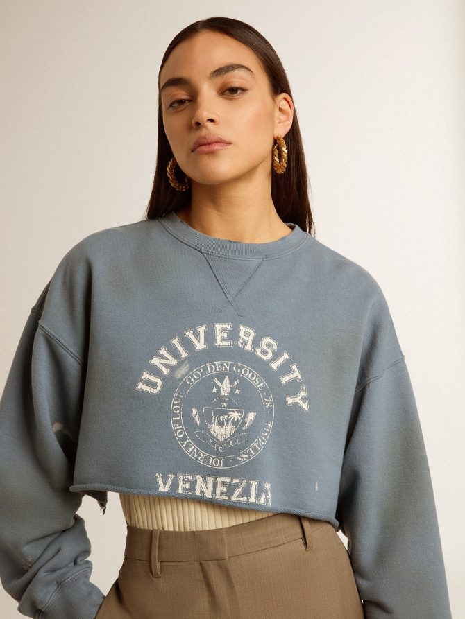Cropped sweatshirt in baby blue with distressed finish - Image 5