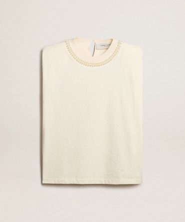 Aged white sleeveless T-shirt with pearl embroidery