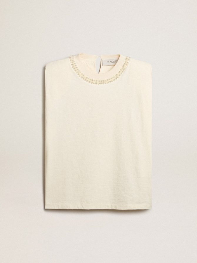 Aged white sleeveless T-shirt with pearl embroidery