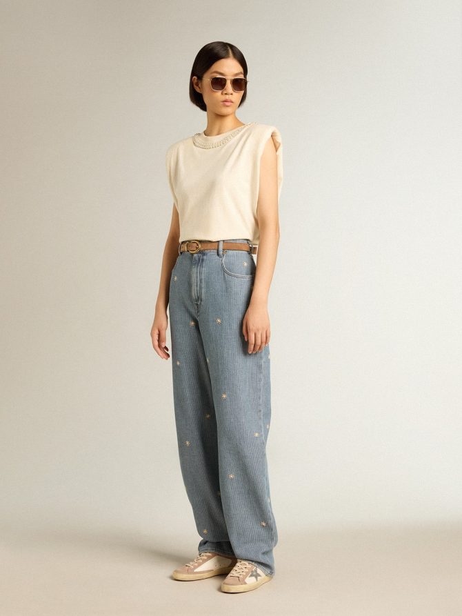 Aged white sleeveless T-shirt with pearl embroidery - Image 3