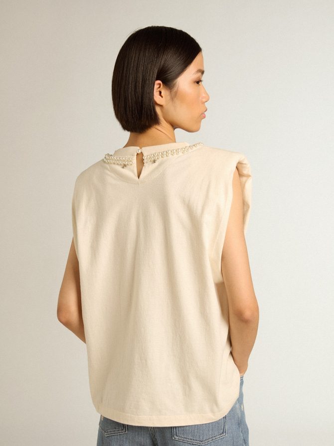Aged white sleeveless T-shirt with pearl embroidery - Image 4