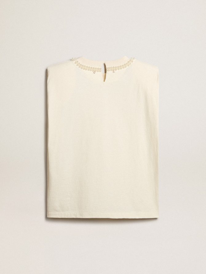 Aged white sleeveless T-shirt with pearl embroidery - Image 6
