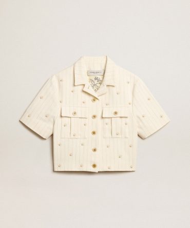 Aged white jacket in pinstripe cotton with all-over floral embroidery