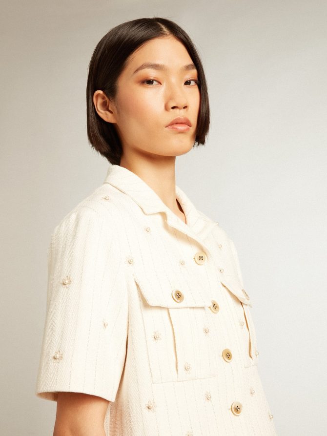 Aged white jacket in pinstripe cotton with all-over floral embroidery - Image 2