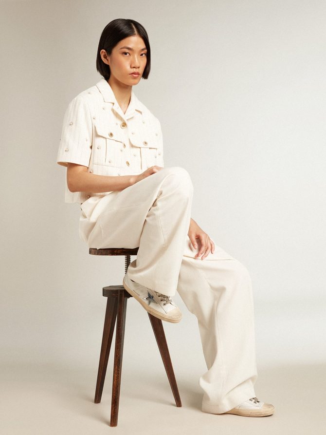 Aged white jacket in pinstripe cotton with all-over floral embroidery - Image 3