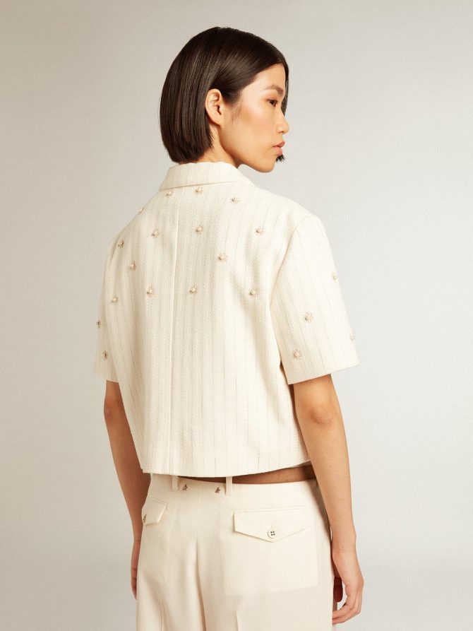 Aged white jacket in pinstripe cotton with all-over floral embroidery - Image 4