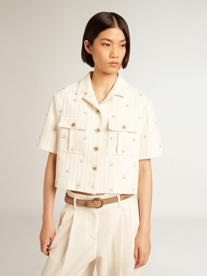 Aged white jacket in pinstripe cotton with all-over floral embroidery - Image 5