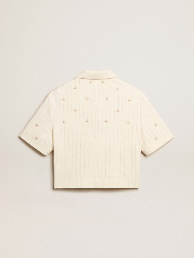 Aged white jacket in pinstripe cotton with all-over floral embroidery - Image 6