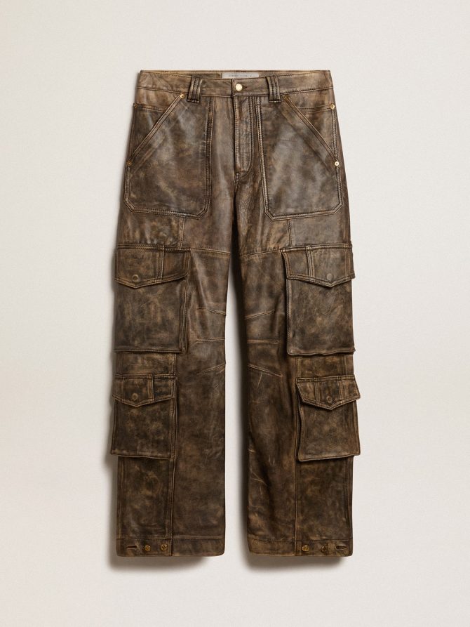 Women’s aged brown nappa leather cargo pants