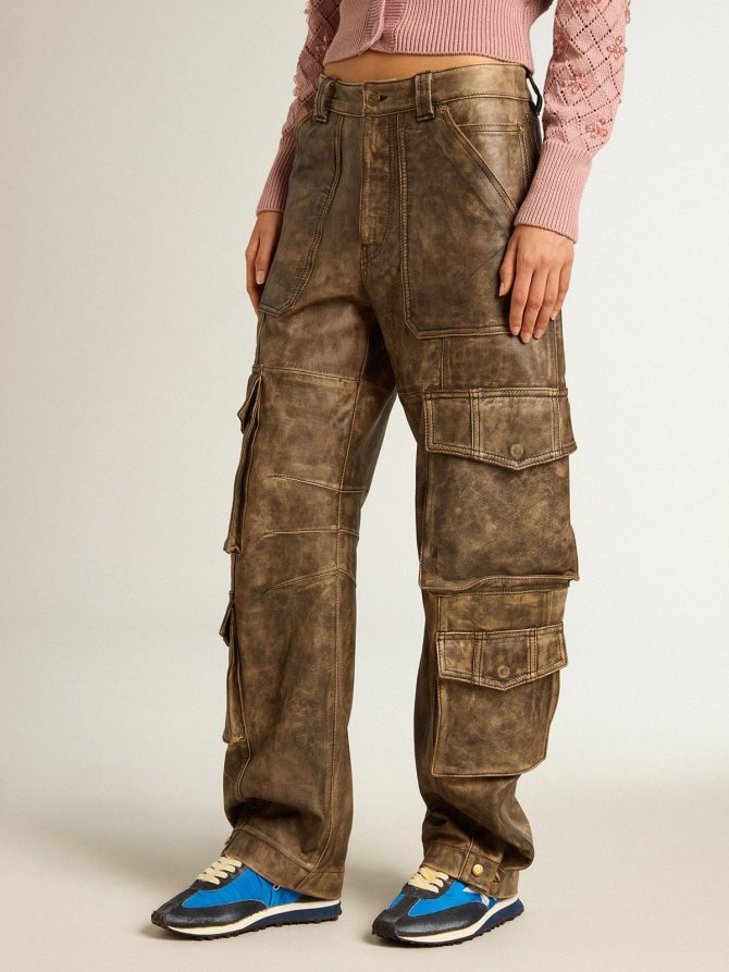 Women’s aged brown nappa leather cargo pants - Image 2