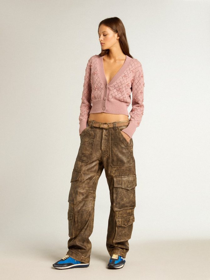 Women’s aged brown nappa leather cargo pants - Image 3