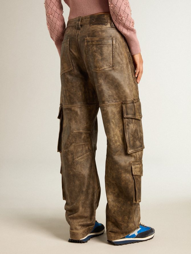 Women’s aged brown nappa leather cargo pants - Image 4