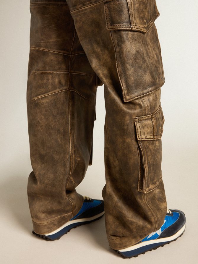 Women’s aged brown nappa leather cargo pants - Image 5