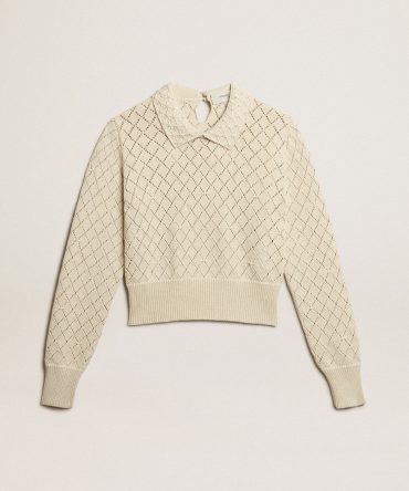 Panama-colored openwork cotton cropped sweater with pearl embroidery