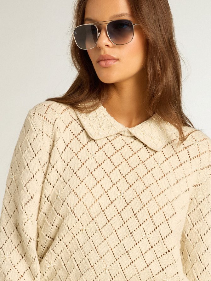 Panama-colored openwork cotton cropped sweater with pearl embroidery - Image 2