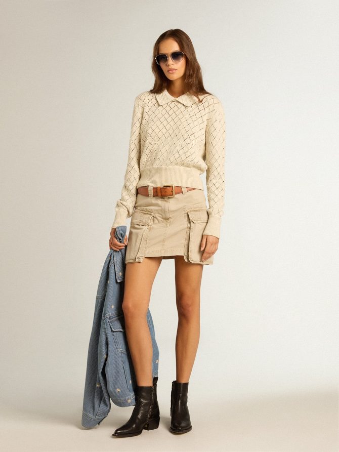 Panama-colored openwork cotton cropped sweater with pearl embroidery - Image 3