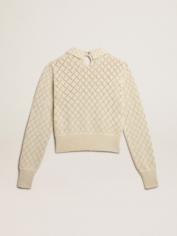 Panama-colored openwork cotton cropped sweater with pearl embroidery - Image 6