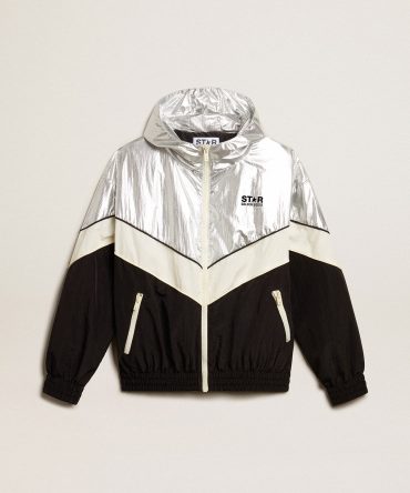Women’s windcheater in silver and black technical fabric