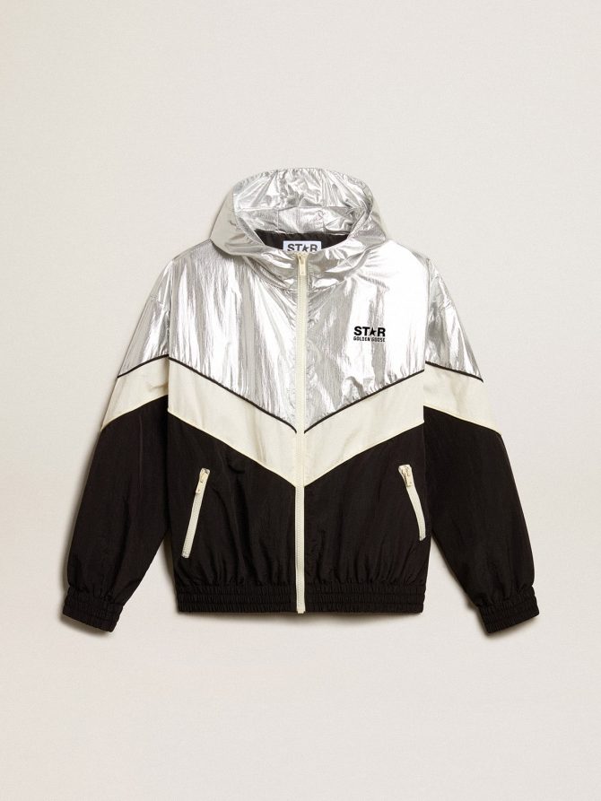 Women’s windcheater in silver and black technical fabric