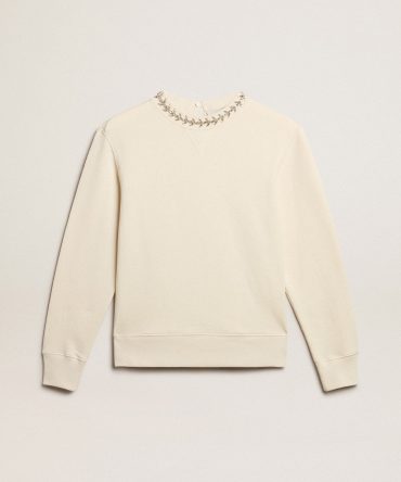Round-neck cotton sweatshirt in aged white with hand-applied crystals
