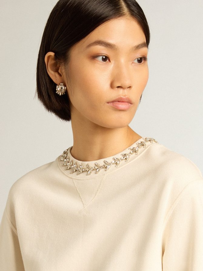 Round-neck cotton sweatshirt in aged white with hand-applied crystals - Image 2