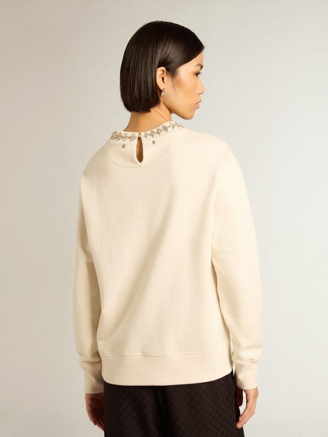 Round-neck cotton sweatshirt in aged white with hand-applied crystals - Image 4
