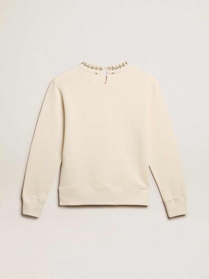 Round-neck cotton sweatshirt in aged white with hand-applied crystals - Image 5