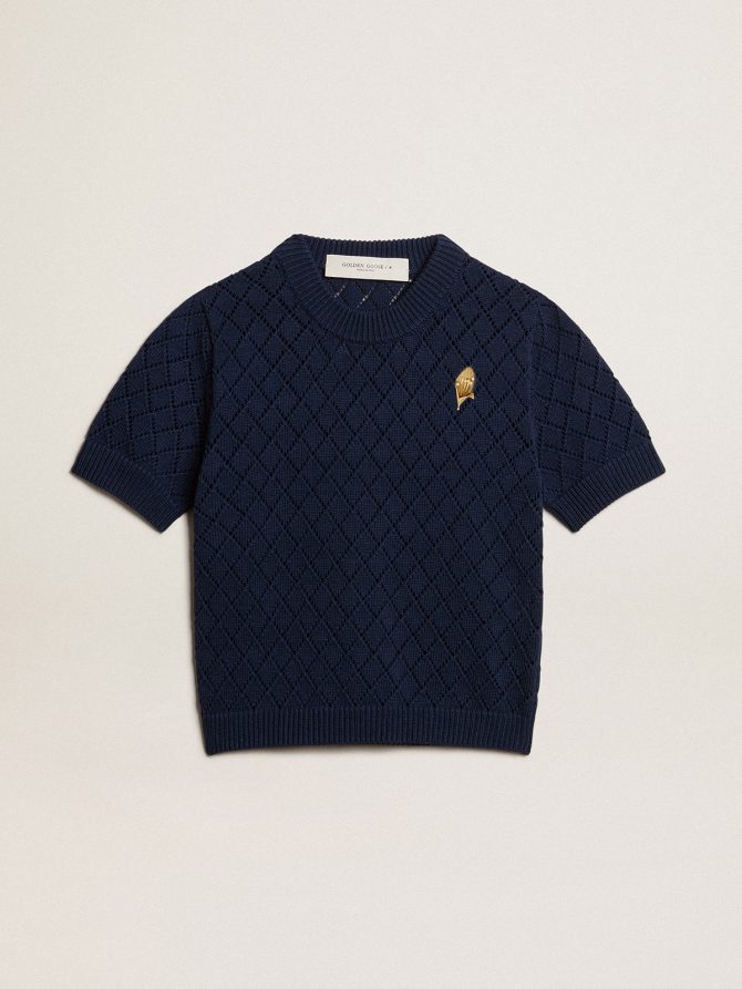 Open-weave knit with midnight blue argyle pattern
