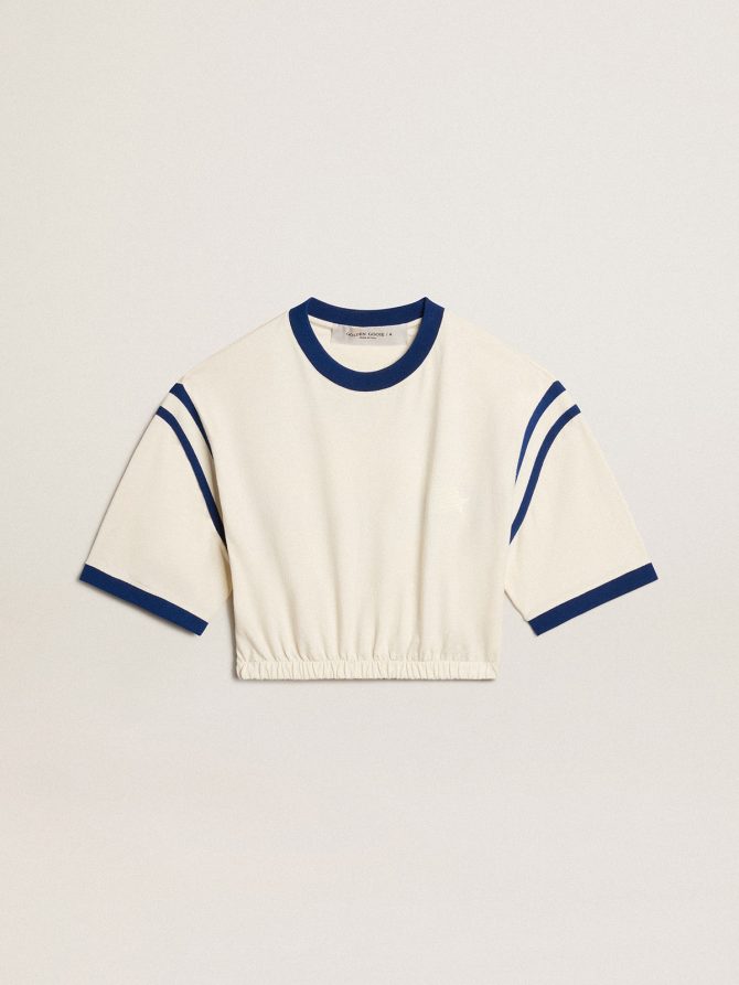 Aged white cotton cropped T-shirt with lettering on the back