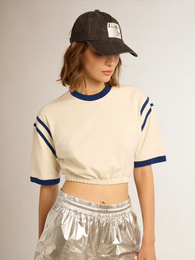 Aged white cotton cropped T-shirt with lettering on the back - Image 2