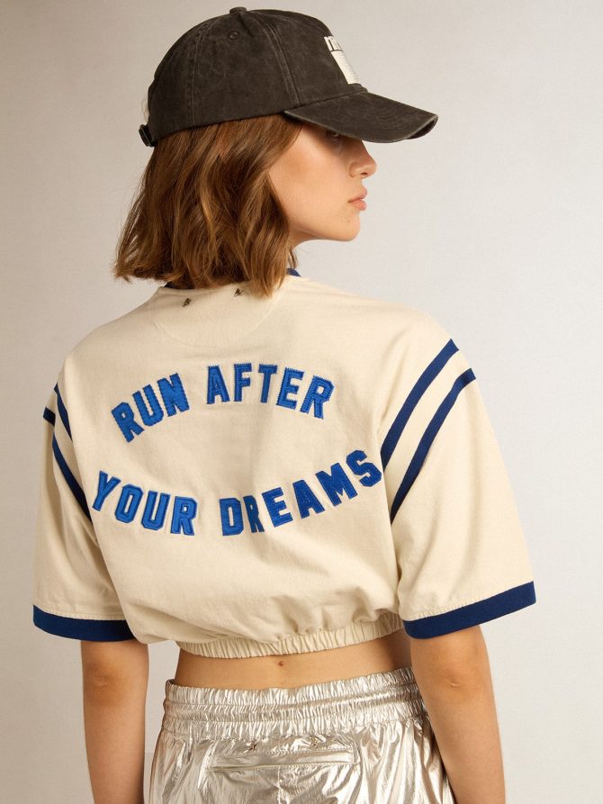 Aged white cotton cropped T-shirt with lettering on the back - Image 4