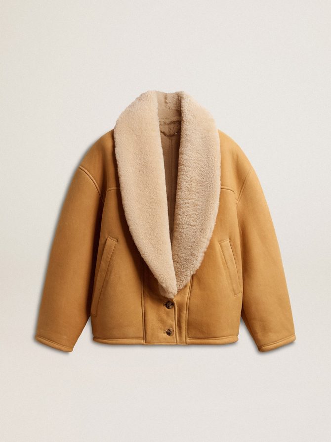 Women’s sheepskin jacket with a wide shearling shawl collar