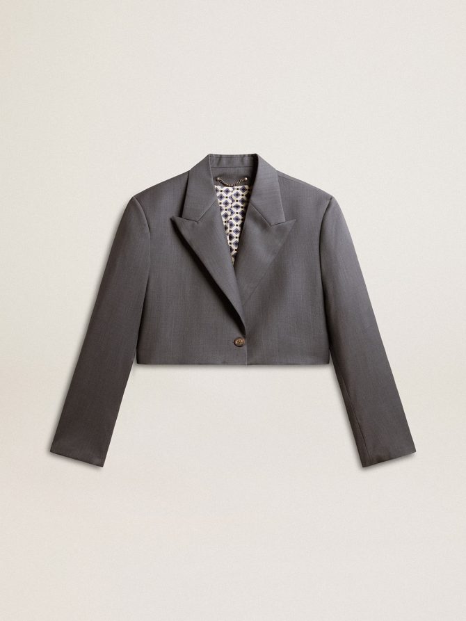 Women’s single-breasted cropped jacket in baby blue wool