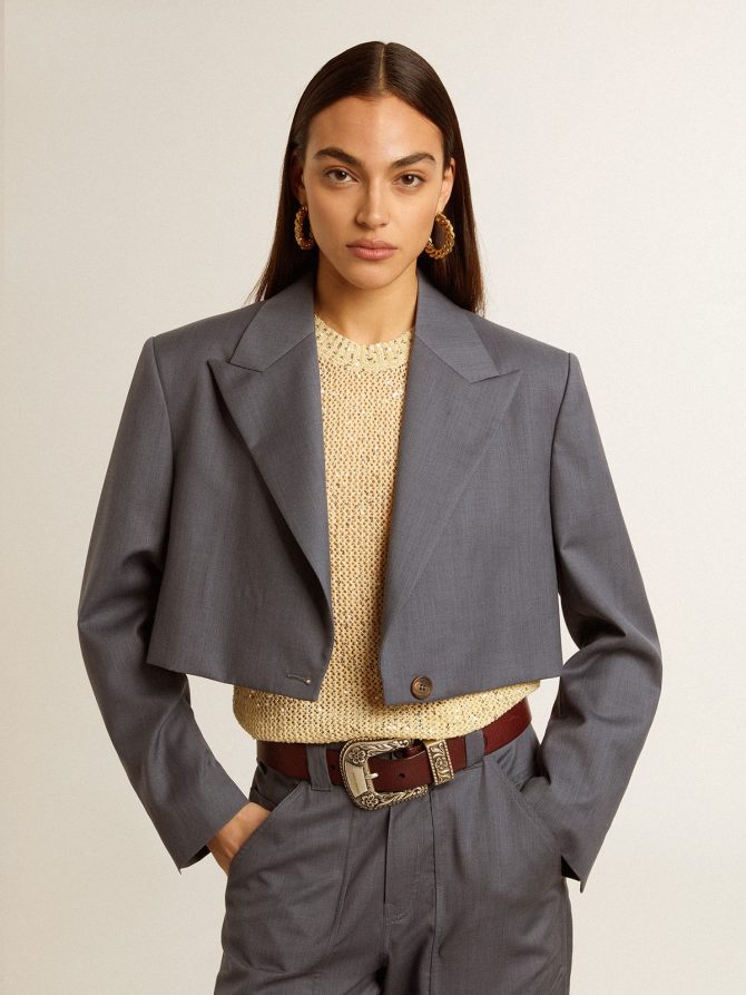 Women’s single-breasted cropped jacket in baby blue wool - Image 2