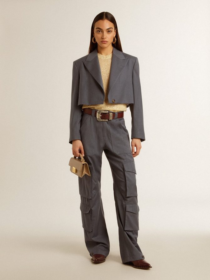Women’s single-breasted cropped jacket in baby blue wool - Image 3