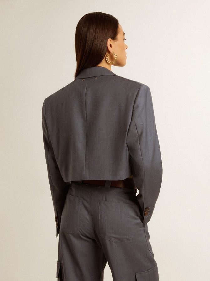 Women’s single-breasted cropped jacket in baby blue wool - Image 4