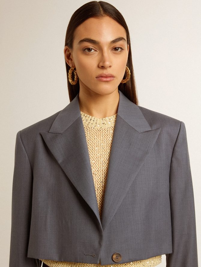 Women’s single-breasted cropped jacket in baby blue wool - Image 5