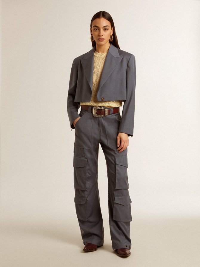 Women’s single-breasted cropped jacket in baby blue wool - Image 6