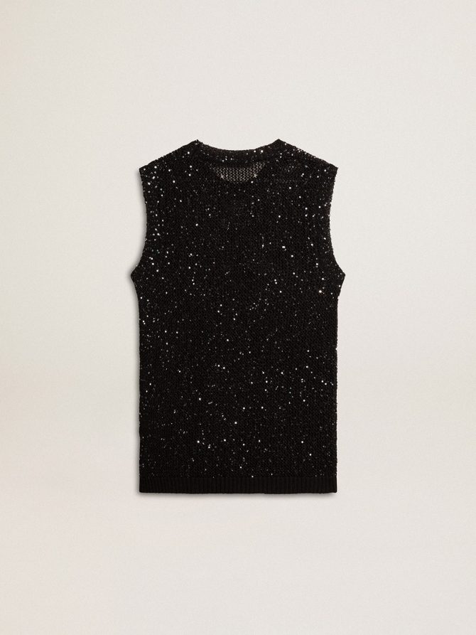 Black mesh knit top with sequins and contrasting details - Image 2