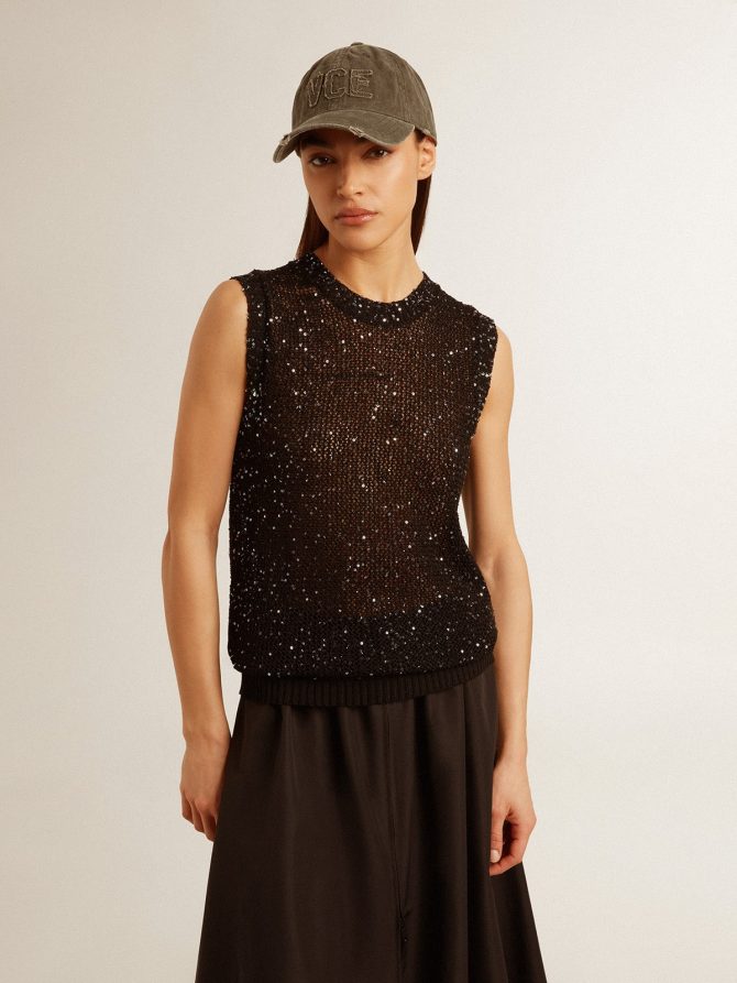 Black mesh knit top with sequins and contrasting details - Image 3