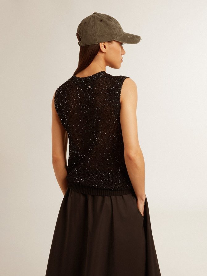 Black mesh knit top with sequins and contrasting details - Image 5