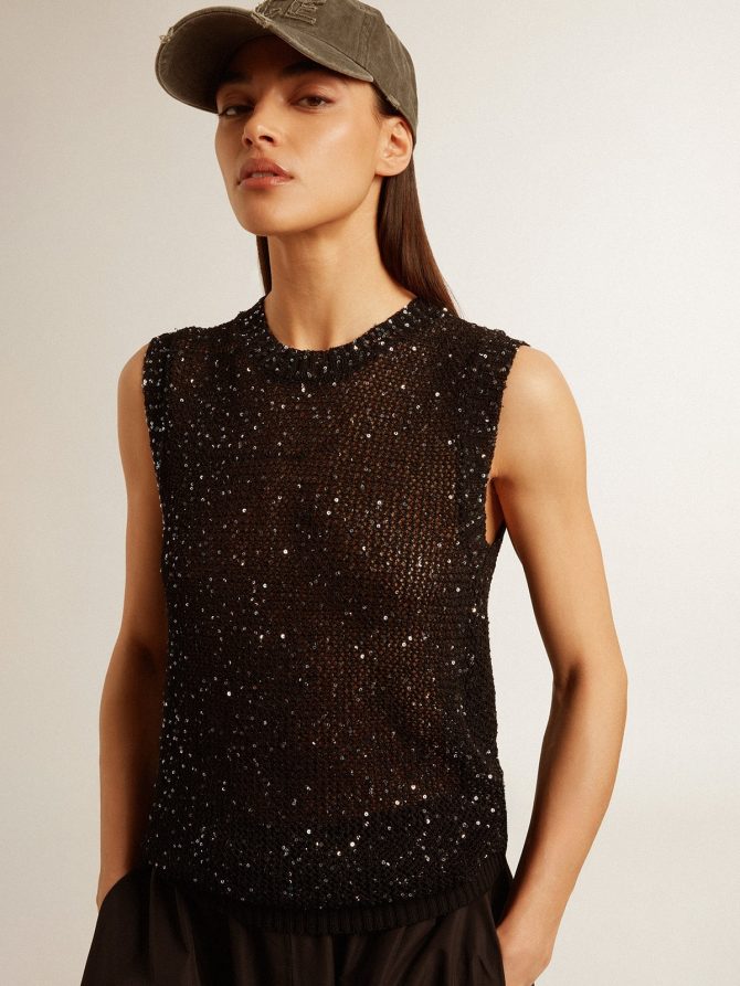 Black mesh knit top with sequins and contrasting details - Image 6
