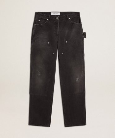 Women’s distressed black cotton jeans with front patches