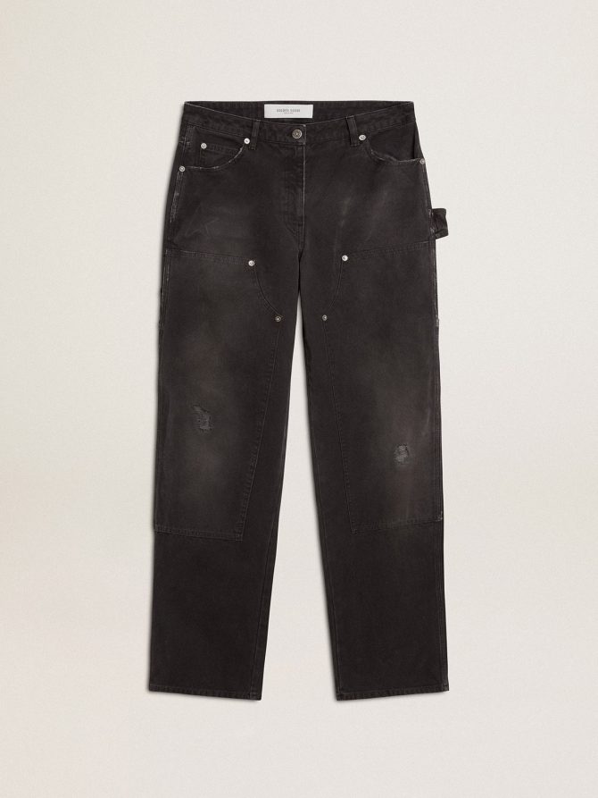 Women’s distressed black cotton jeans with front patches