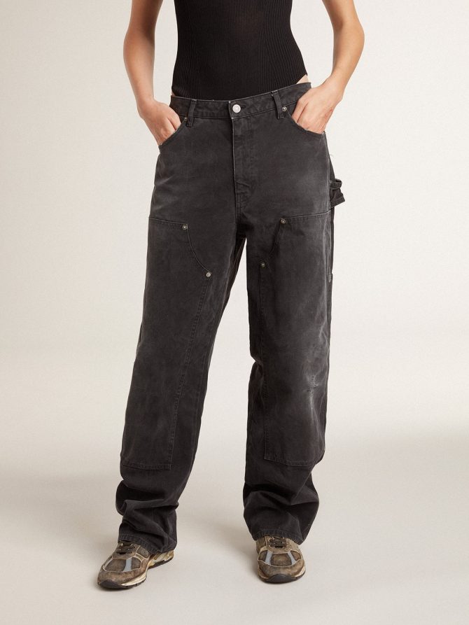 Women’s distressed black cotton jeans with front patches - Image 2