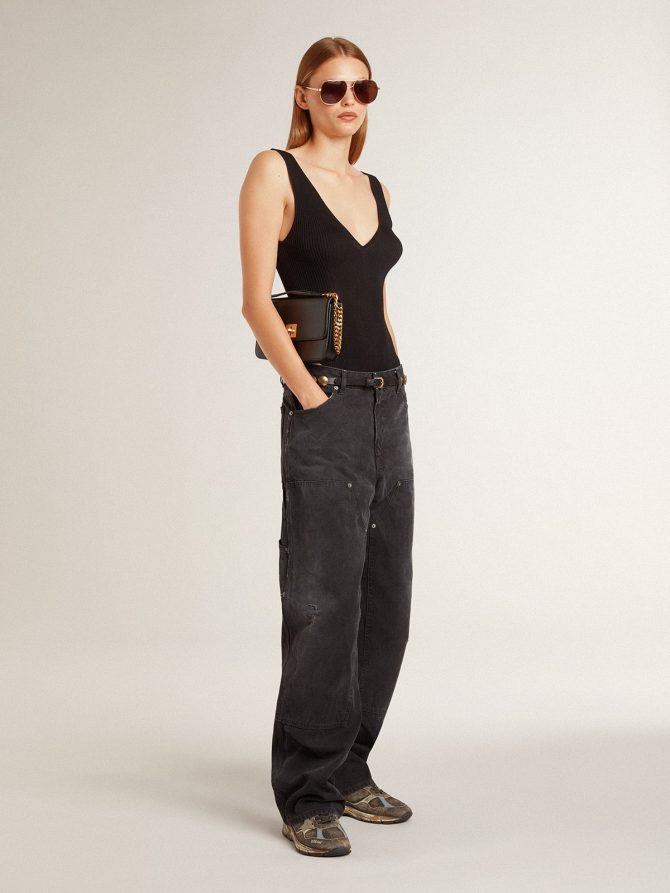 Women’s distressed black cotton jeans with front patches - Image 3