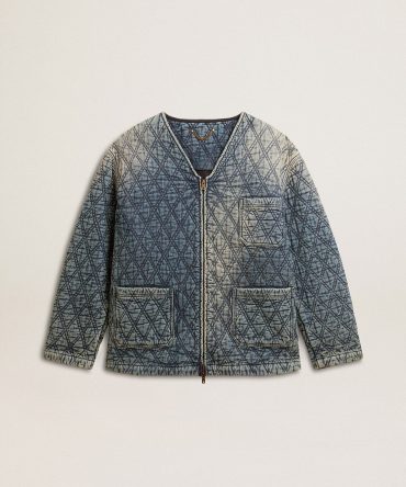 Women’s blue quilted jacket in cotton denim with distressed finish